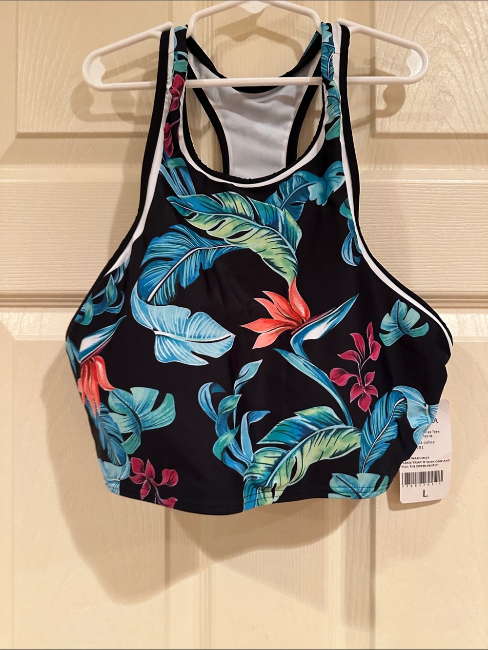 High-Neck Tropical Swim top - Black with Blue & Pink Floral